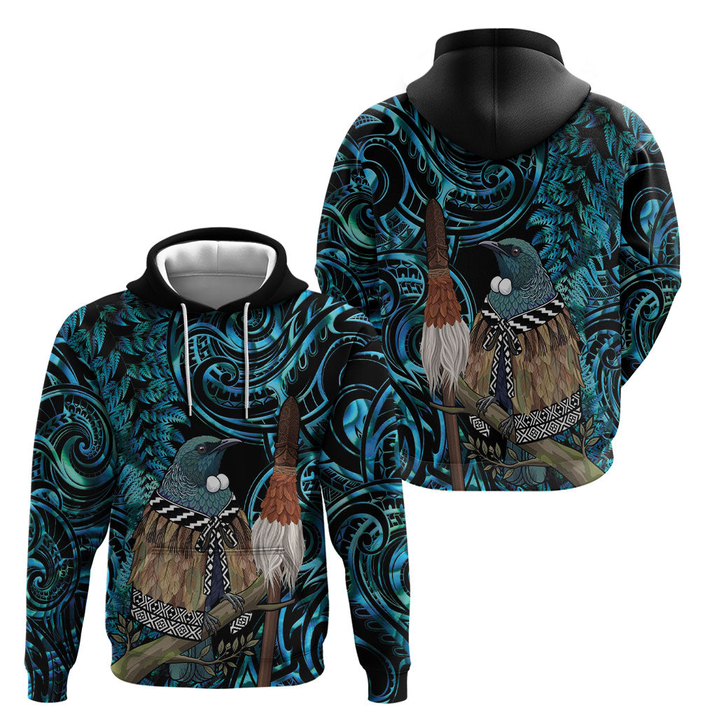 New Zealand Tui Bird Taiaha Hoodie Maori Weapon Paua Shell Mix Silver Fern