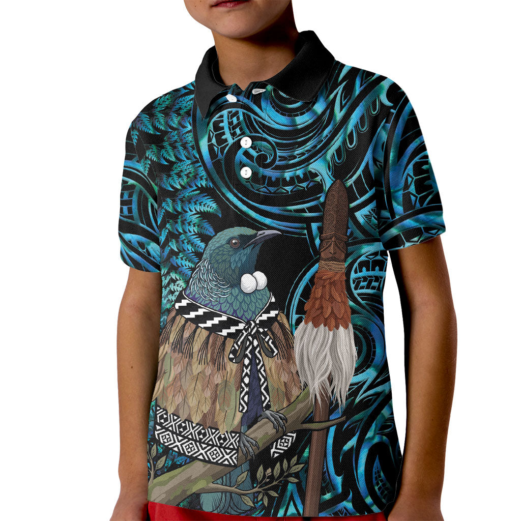 New Zealand Tui Bird Taiaha Kid Polo Shirt Maori Weapon Paua Shell Mix Silver Fern