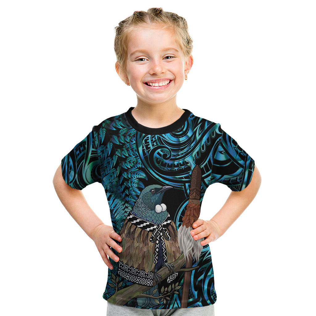 New Zealand Tui Bird Taiaha Kid T Shirt Maori Weapon Paua Shell Mix Silver Fern