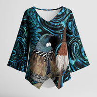 New Zealand Tui Bird Taiaha Kimono Sleeve Blouse Maori Weapon Paua Shell Mix Silver Fern