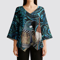 New Zealand Tui Bird Taiaha Kimono Sleeve Blouse Maori Weapon Paua Shell Mix Silver Fern