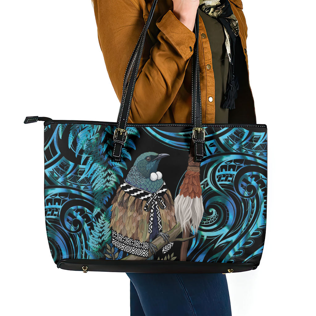 New Zealand Tui Bird Taiaha Leather Tote Bag Maori Weapon Paua Shell Mix Silver Fern