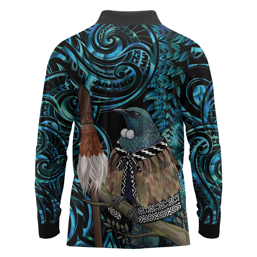 New Zealand Tui Bird Taiaha Long Sleeve Polo Shirt Maori Weapon Paua Shell Mix Silver Fern