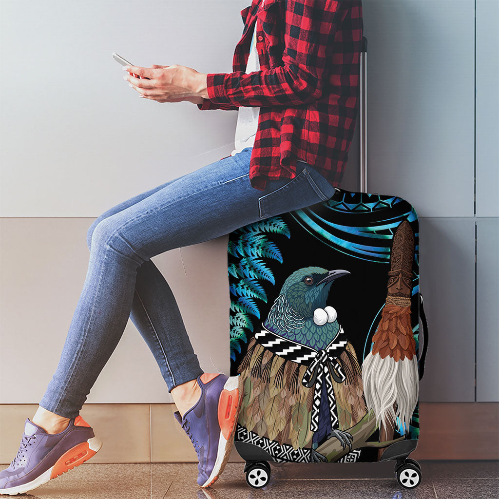 New Zealand Tui Bird Taiaha Luggage Cover Maori Weapon Paua Shell Mix Silver Fern