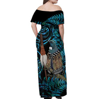 New Zealand Tui Bird Taiaha Off Shoulder Maxi Dress Maori Weapon Paua Shell Mix Silver Fern