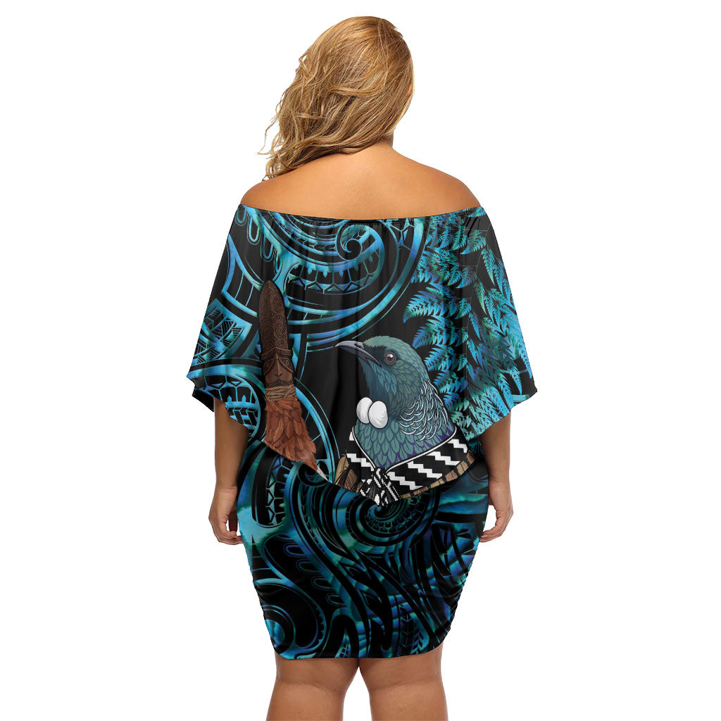 New Zealand Tui Bird Taiaha Off Shoulder Short Dress Maori Weapon Paua Shell Mix Silver Fern
