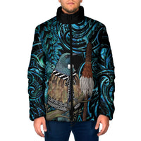 New Zealand Tui Bird Taiaha Padded Jacket Maori Weapon Paua Shell Mix Silver Fern