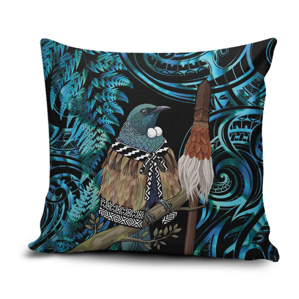 New Zealand Tui Bird Taiaha Pillow Cover Maori Weapon Paua Shell Mix Silver Fern
