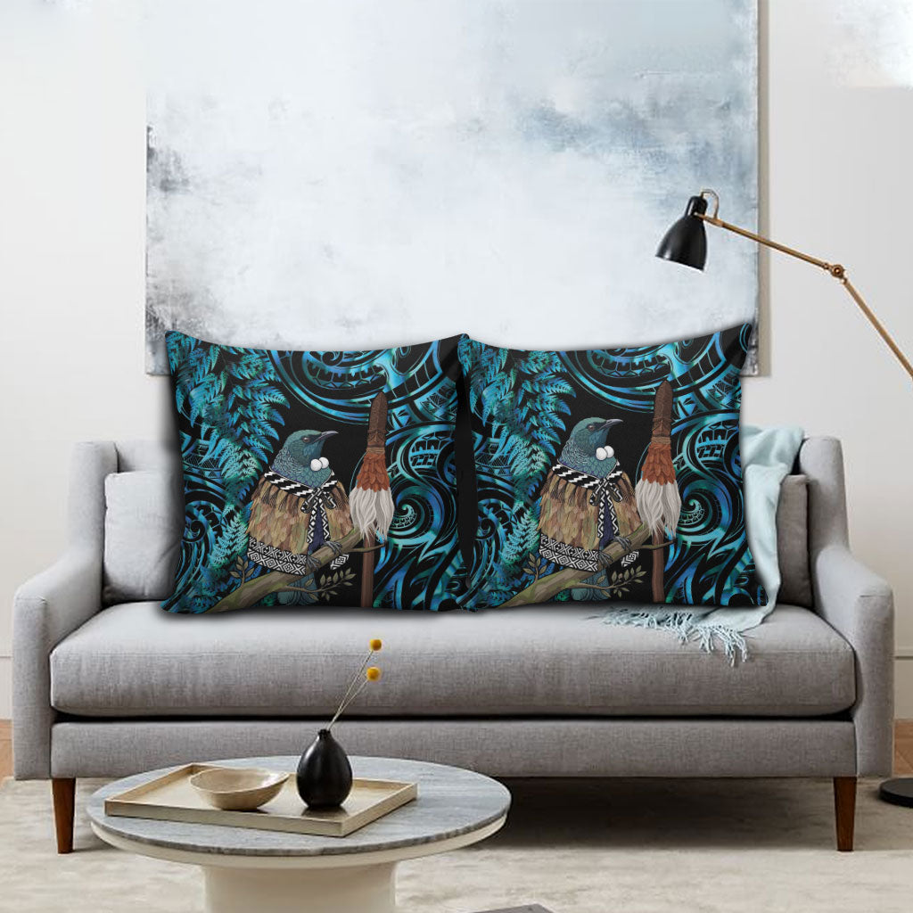 New Zealand Tui Bird Taiaha Pillow Cover Maori Weapon Paua Shell Mix Silver Fern