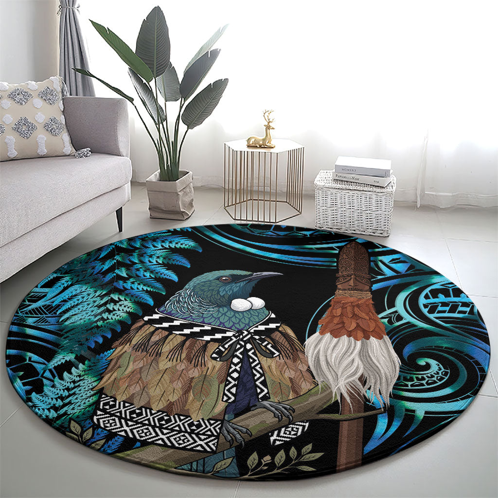 New Zealand Tui Bird Taiaha Round Carpet Maori Weapon Paua Shell Mix Silver Fern