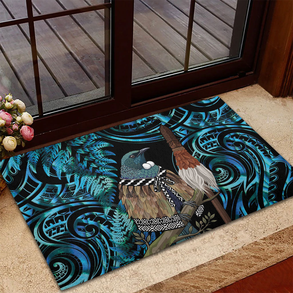 New Zealand Tui Bird Taiaha Rubber Doormat Maori Weapon Paua Shell Mix Silver Fern