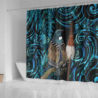 New Zealand Tui Bird Taiaha Shower Curtain Maori Weapon Paua Shell Mix Silver Fern