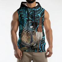 New Zealand Tui Bird Taiaha Sleeveless Hoodie Maori Weapon Paua Shell Mix Silver Fern