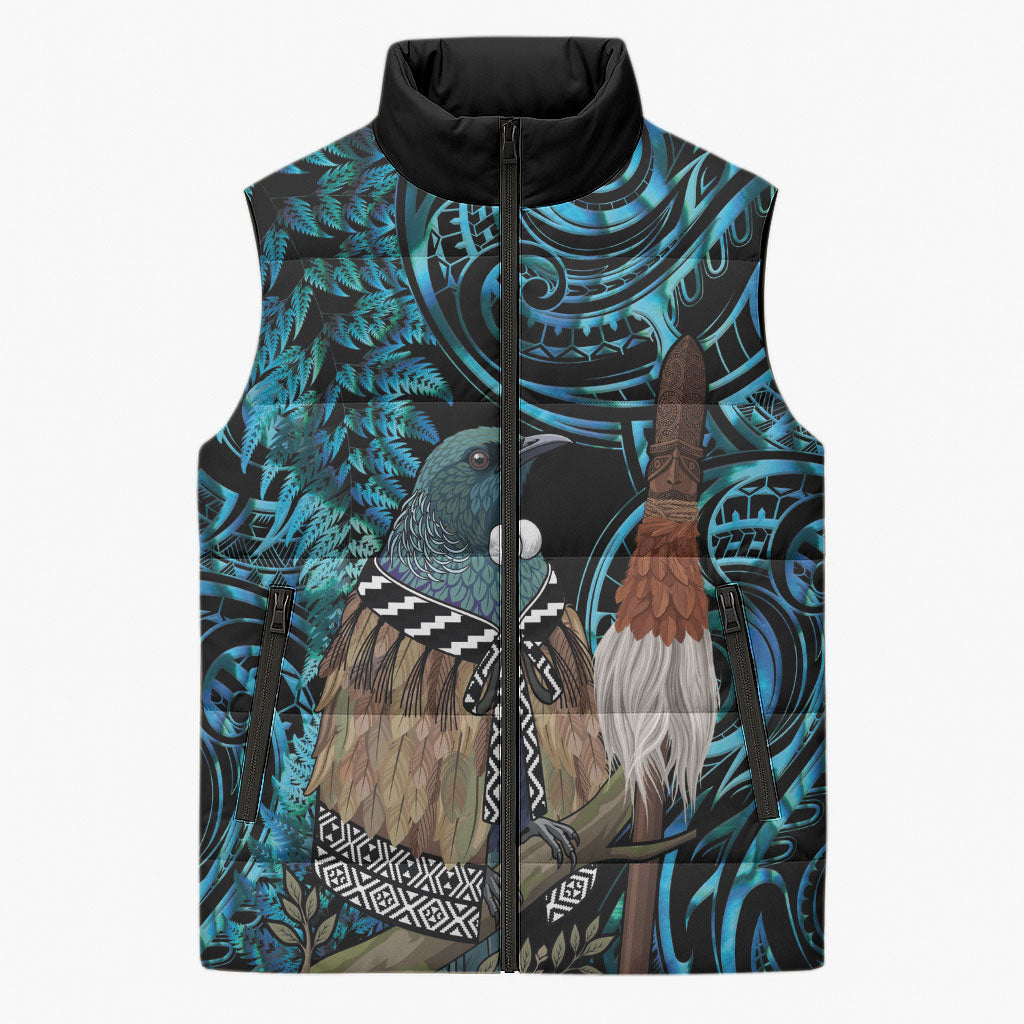 New Zealand Tui Bird Taiaha Sleeveless Puffer Jacket Maori Weapon Paua Shell Mix Silver Fern