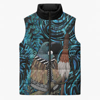 New Zealand Tui Bird Taiaha Sleeveless Puffer Jacket Maori Weapon Paua Shell Mix Silver Fern