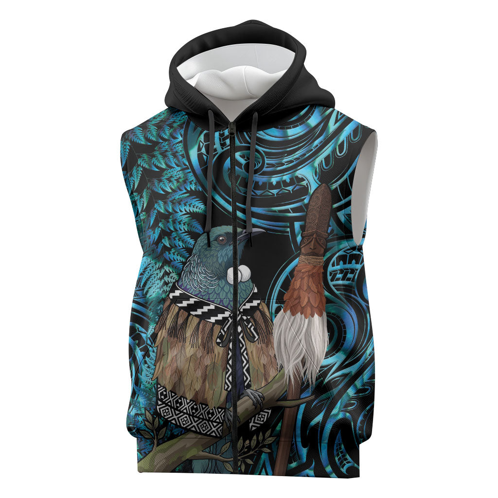 New Zealand Tui Bird Taiaha Sleeveless Zip Hoodie Maori Weapon Paua Shell Mix Silver Fern