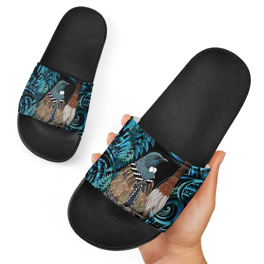 New Zealand Tui Bird Taiaha Slide Sandals Maori Weapon Paua Shell Mix Silver Fern