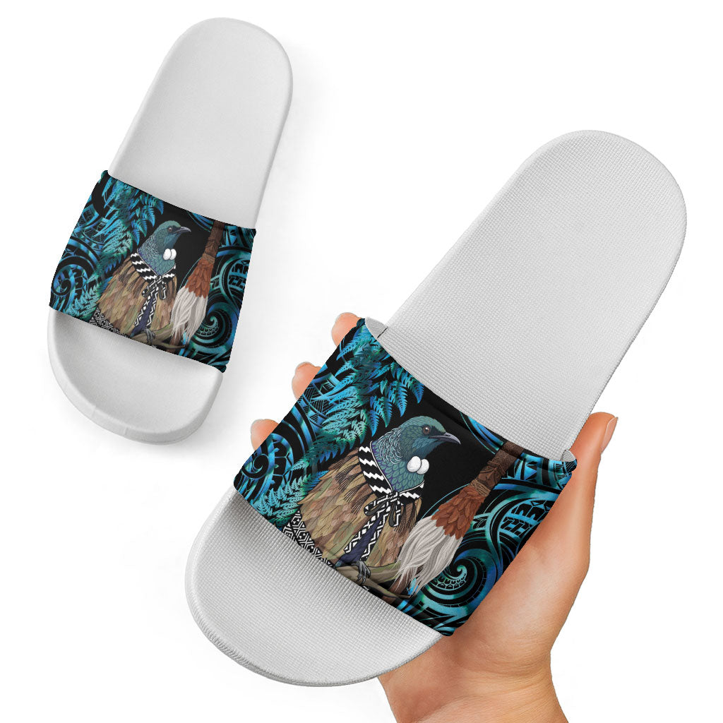 New Zealand Tui Bird Taiaha Slide Sandals Maori Weapon Paua Shell Mix Silver Fern