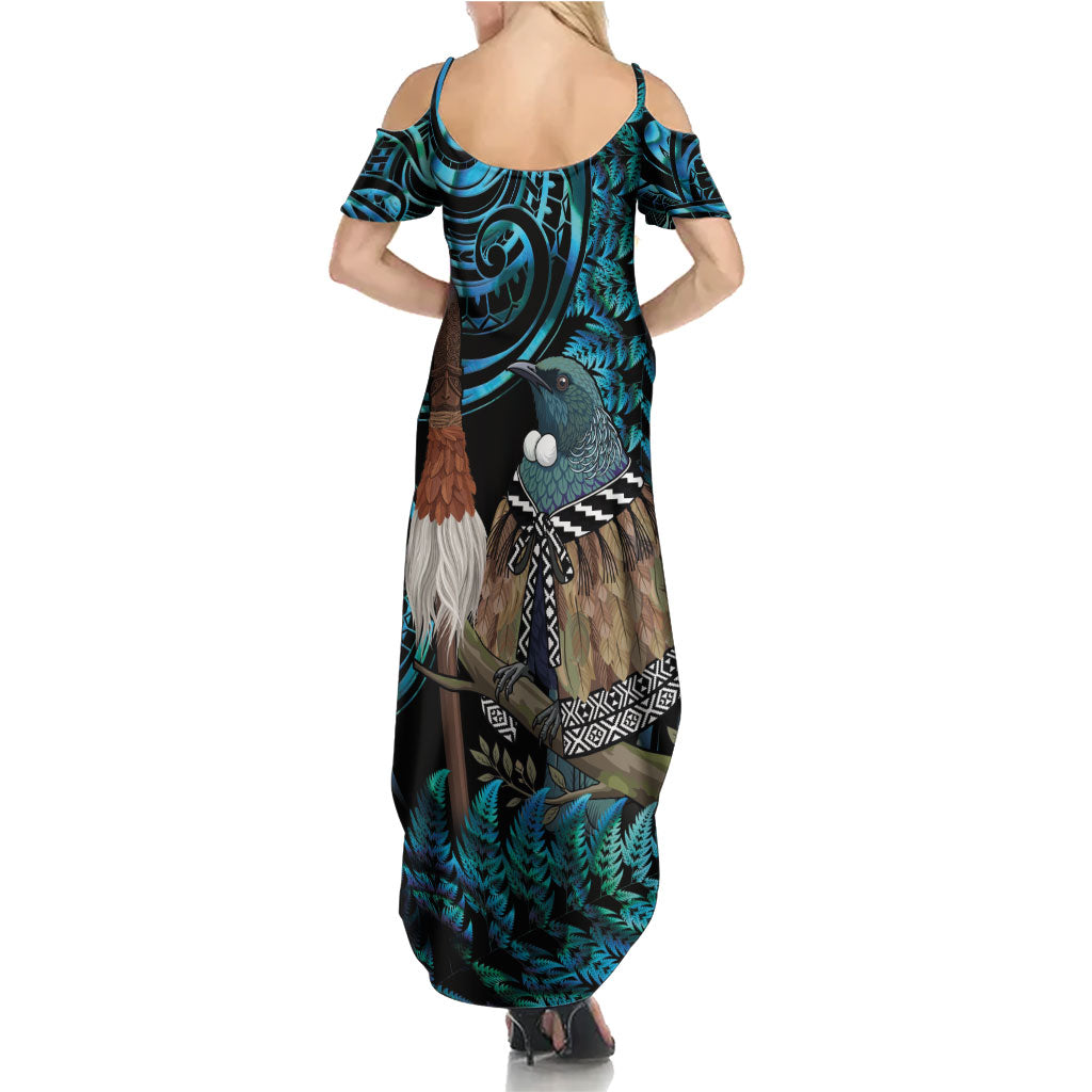 New Zealand Tui Bird Taiaha Summer Maxi Dress Maori Weapon Paua Shell Mix Silver Fern