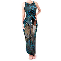New Zealand Tui Bird Taiaha Tank Maxi Dress Maori Weapon Paua Shell Mix Silver Fern