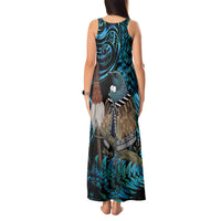 New Zealand Tui Bird Taiaha Tank Maxi Dress Maori Weapon Paua Shell Mix Silver Fern