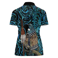 New Zealand Tui Bird Taiaha Women Polo Shirt Maori Weapon Paua Shell Mix Silver Fern