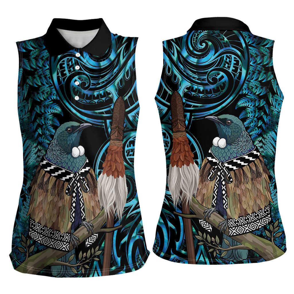 New Zealand Tui Bird Taiaha Women Sleeveless Polo Shirt Maori Weapon Paua Shell Mix Silver Fern
