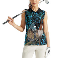 New Zealand Tui Bird Taiaha Women Sleeveless Polo Shirt Maori Weapon Paua Shell Mix Silver Fern