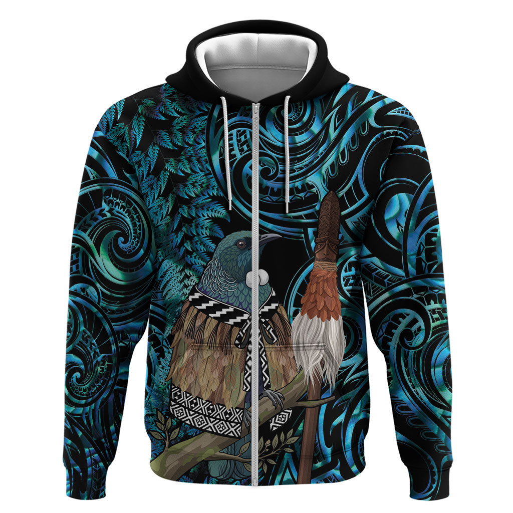 New Zealand Tui Bird Taiaha Zip Hoodie Maori Weapon Paua Shell Mix Silver Fern