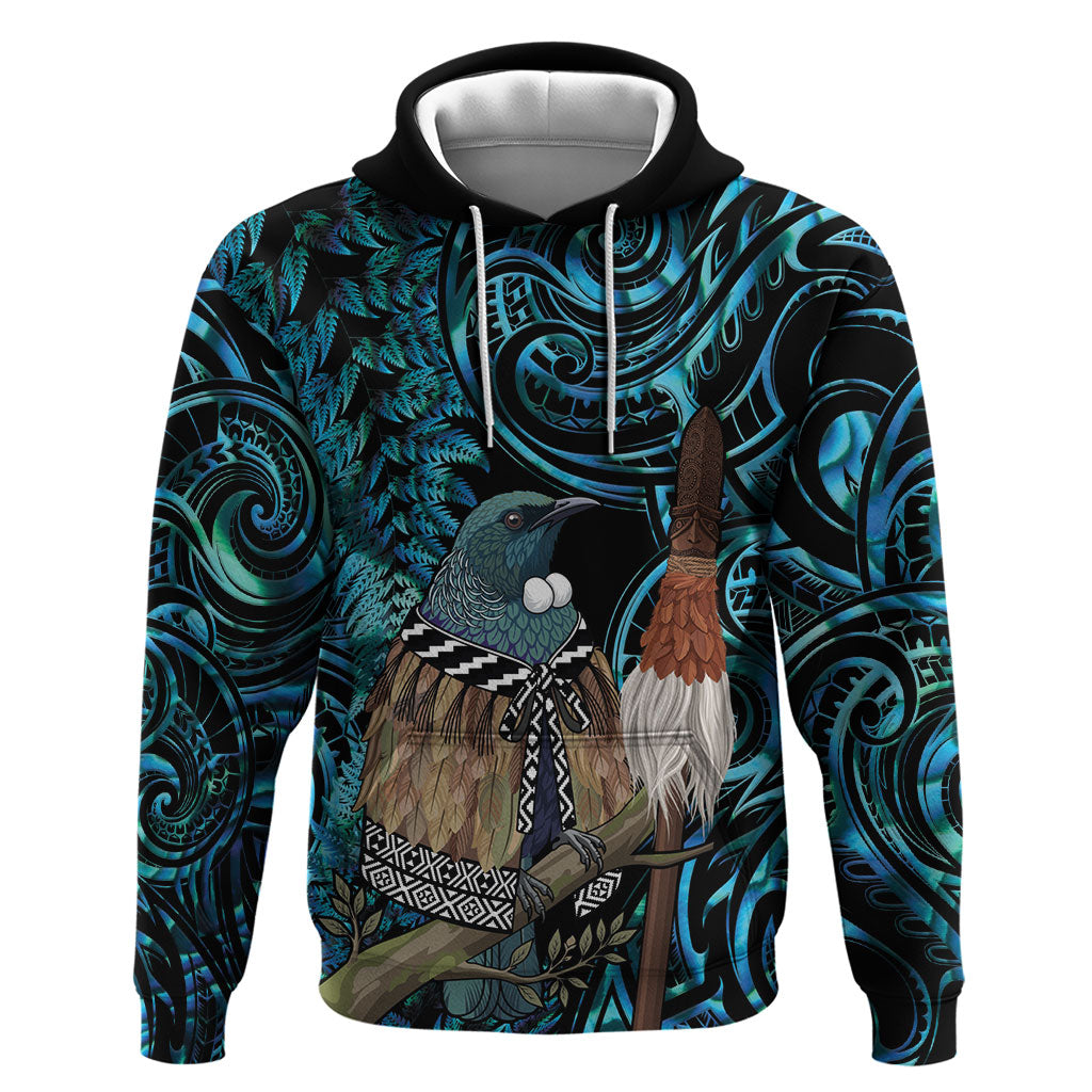 New Zealand Tui Bird Taiaha Zip Hoodie Maori Weapon Paua Shell Mix Silver Fern