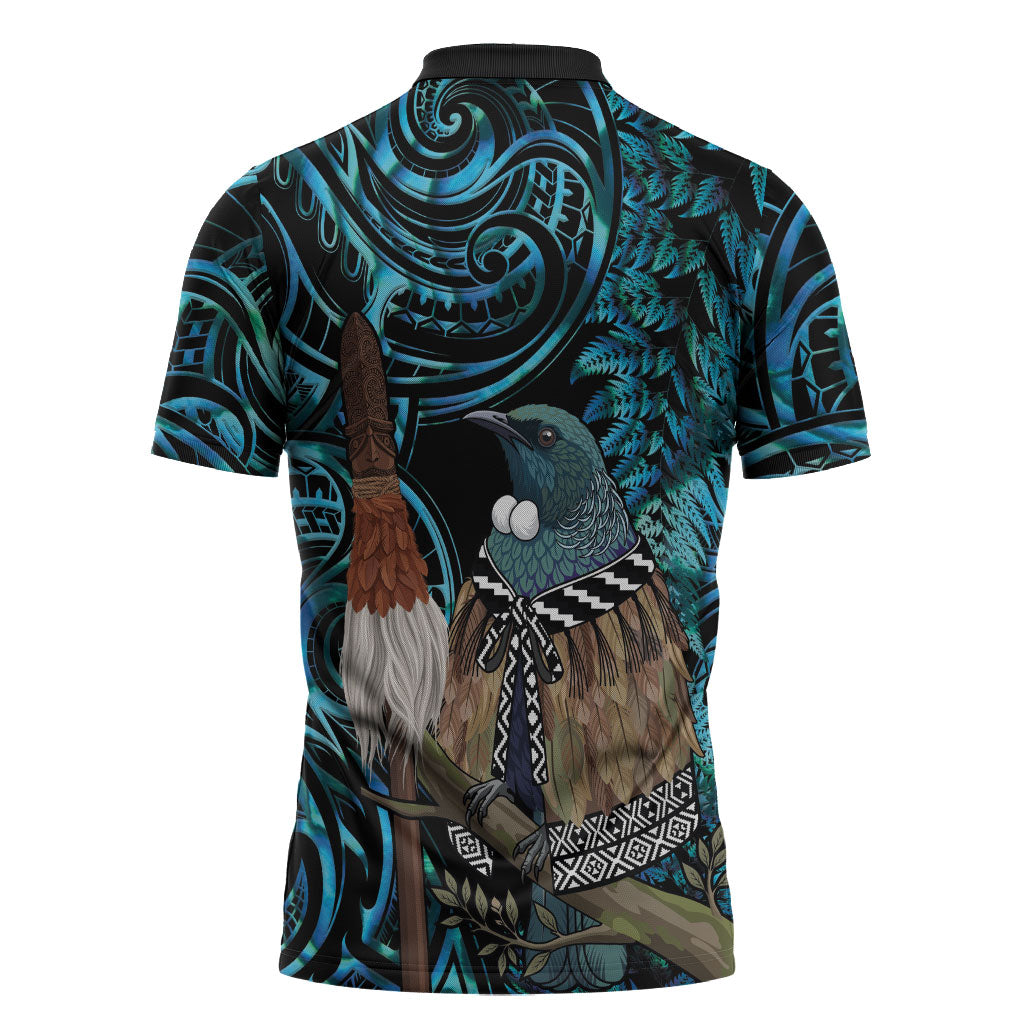 New Zealand Tui Bird Taiaha Zipper Polo Shirt Maori Weapon Paua Shell Mix Silver Fern