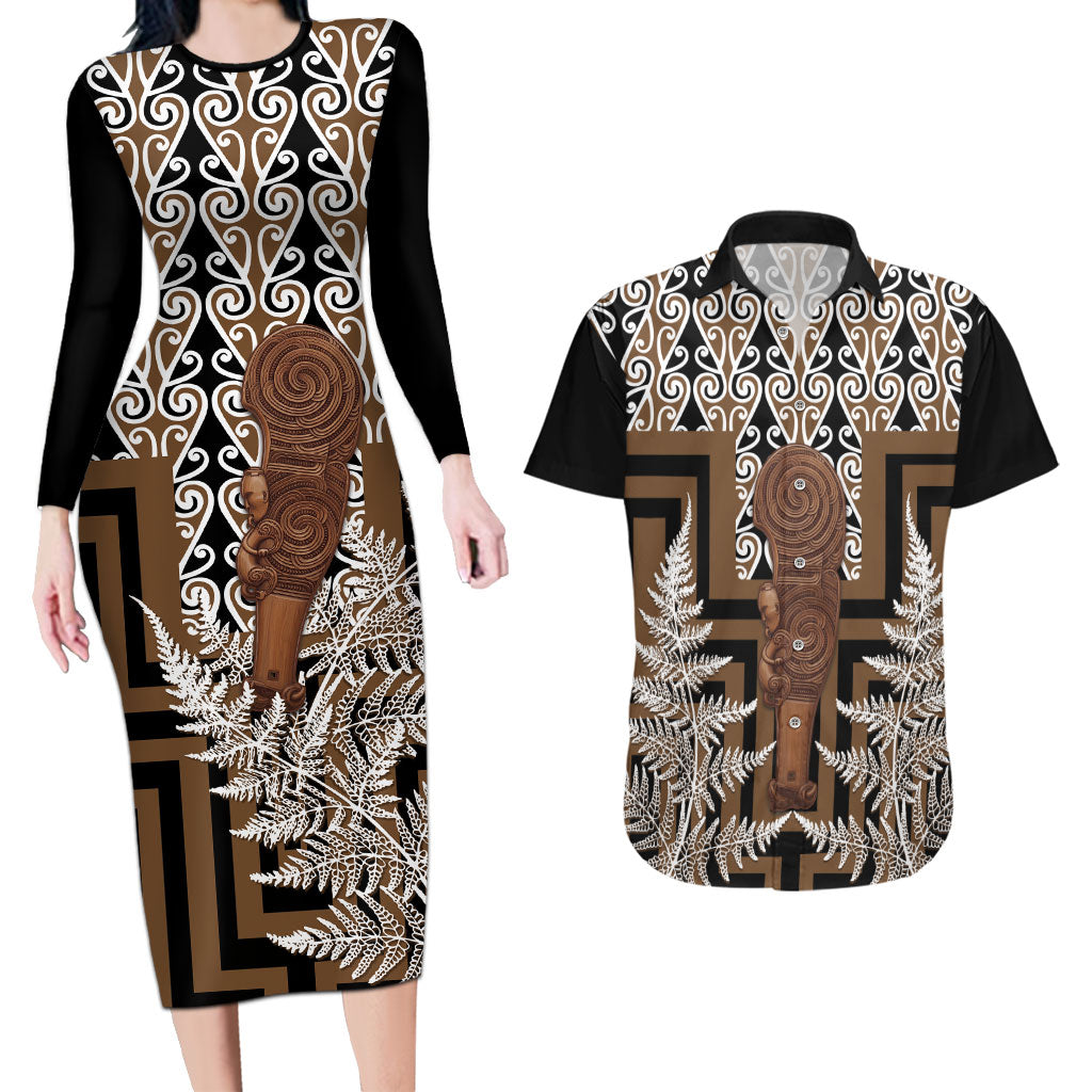Wahaika New Zealand Couples Matching Long Sleeve Bodycon Dress and Hawaiian Shirt Maori Weapon Kowhaiwhai Fern Poutama Motifs
