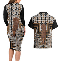 Wahaika New Zealand Couples Matching Long Sleeve Bodycon Dress and Hawaiian Shirt Maori Weapon Kowhaiwhai Fern Poutama Motifs
