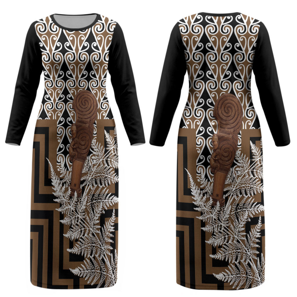 Wahaika New Zealand Couples Matching Long Sleeve Bodycon Dress and Hawaiian Shirt Maori Weapon Kowhaiwhai Fern Poutama Motifs LT14 - Polynesian Pride