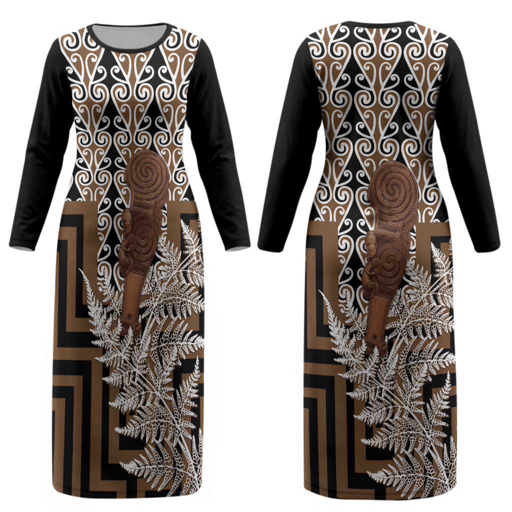 Wahaika New Zealand Couples Matching Long Sleeve Bodycon Dress and Long Sleeve Button Shirt Maori Weapon Kowhaiwhai Fern Poutama Motifs LT14 - Polynesian Pride