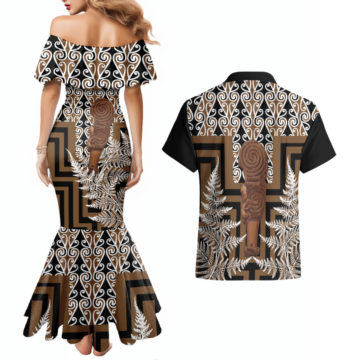 Wahaika New Zealand Couples Matching Mermaid Dress and Hawaiian Shirt Maori Weapon Kowhaiwhai Fern Poutama Motifs