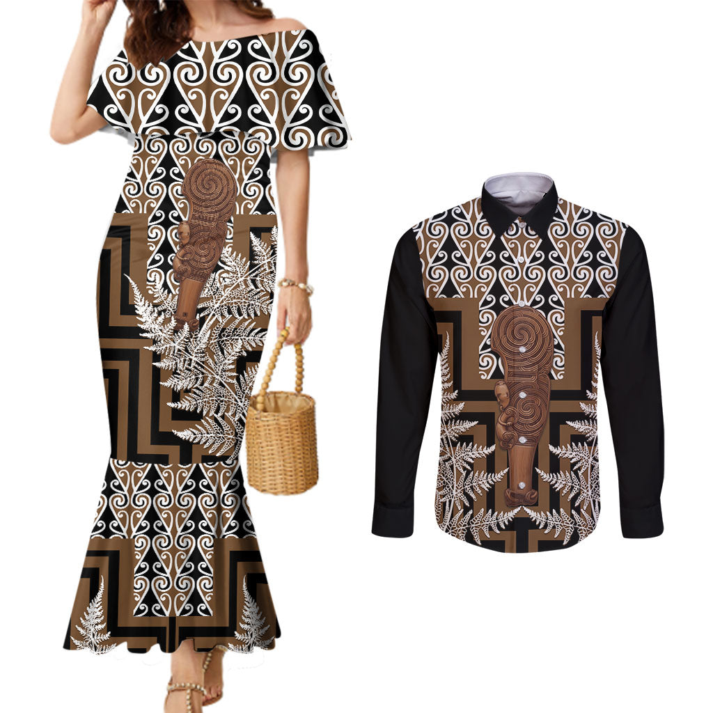 Wahaika New Zealand Couples Matching Mermaid Dress and Long Sleeve Button Shirt Maori Weapon Kowhaiwhai Fern Poutama Motifs LT14 Brown - Polynesian Pride