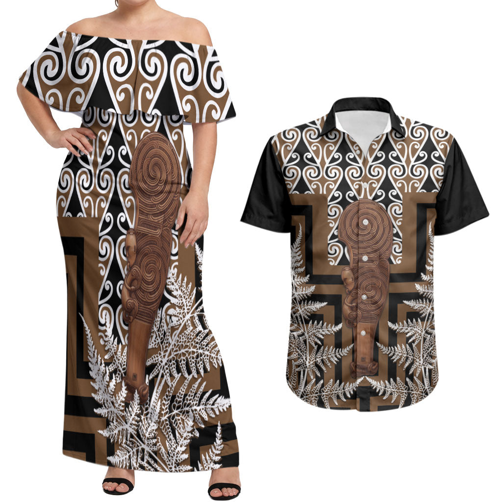 Wahaika New Zealand Couples Matching Off Shoulder Maxi Dress and Hawaiian Shirt Maori Weapon Kowhaiwhai Fern Poutama Motifs LT14 Brown - Polynesian Pride