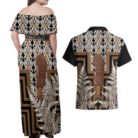 Wahaika New Zealand Couples Matching Off Shoulder Maxi Dress and Hawaiian Shirt Maori Weapon Kowhaiwhai Fern Poutama Motifs