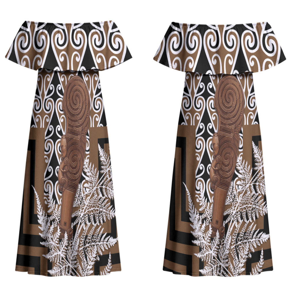 Wahaika New Zealand Couples Matching Off Shoulder Maxi Dress and Hawaiian Shirt Maori Weapon Kowhaiwhai Fern Poutama Motifs LT14 - Polynesian Pride