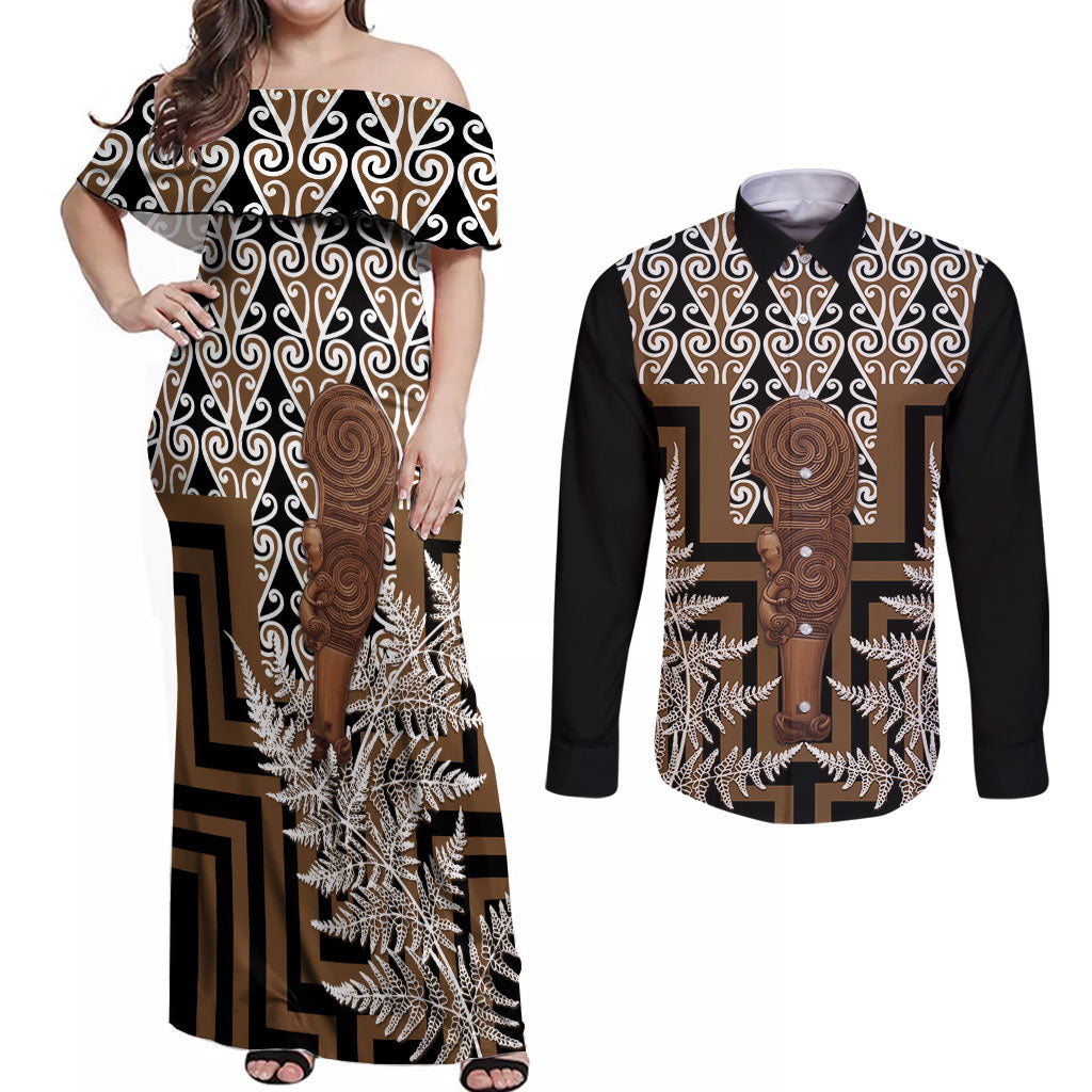 Wahaika New Zealand Couples Matching Off Shoulder Maxi Dress and Long Sleeve Button Shirt Maori Weapon Kowhaiwhai Fern Poutama Motifs LT14 Brown - Polynesian Pride