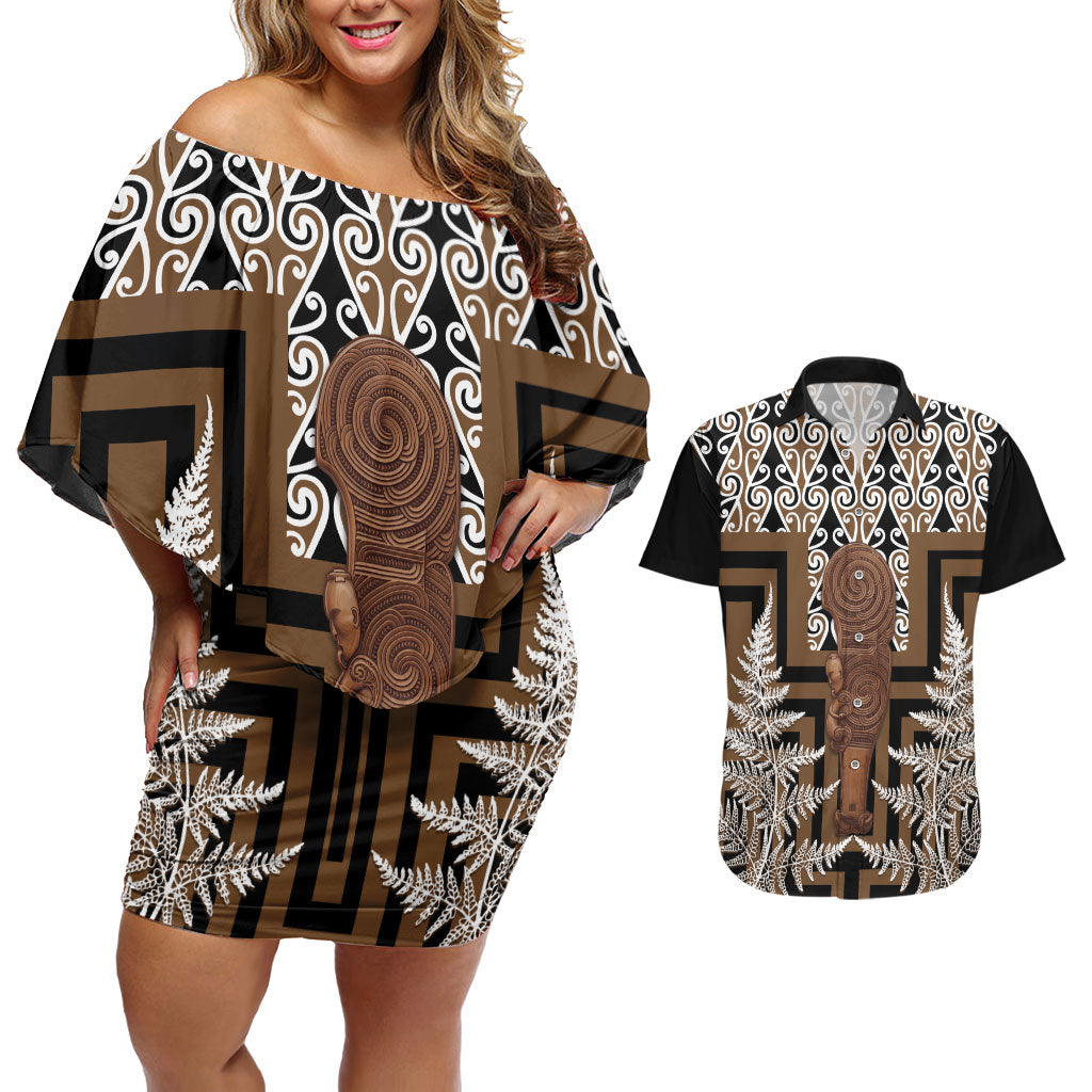 Wahaika New Zealand Couples Matching Off Shoulder Short Dress and Hawaiian Shirt Maori Weapon Kowhaiwhai Fern Poutama Motifs