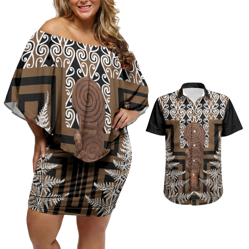 Wahaika New Zealand Couples Matching Off Shoulder Short Dress and Hawaiian Shirt Maori Weapon Kowhaiwhai Fern Poutama Motifs LT14 Brown - Polynesian Pride