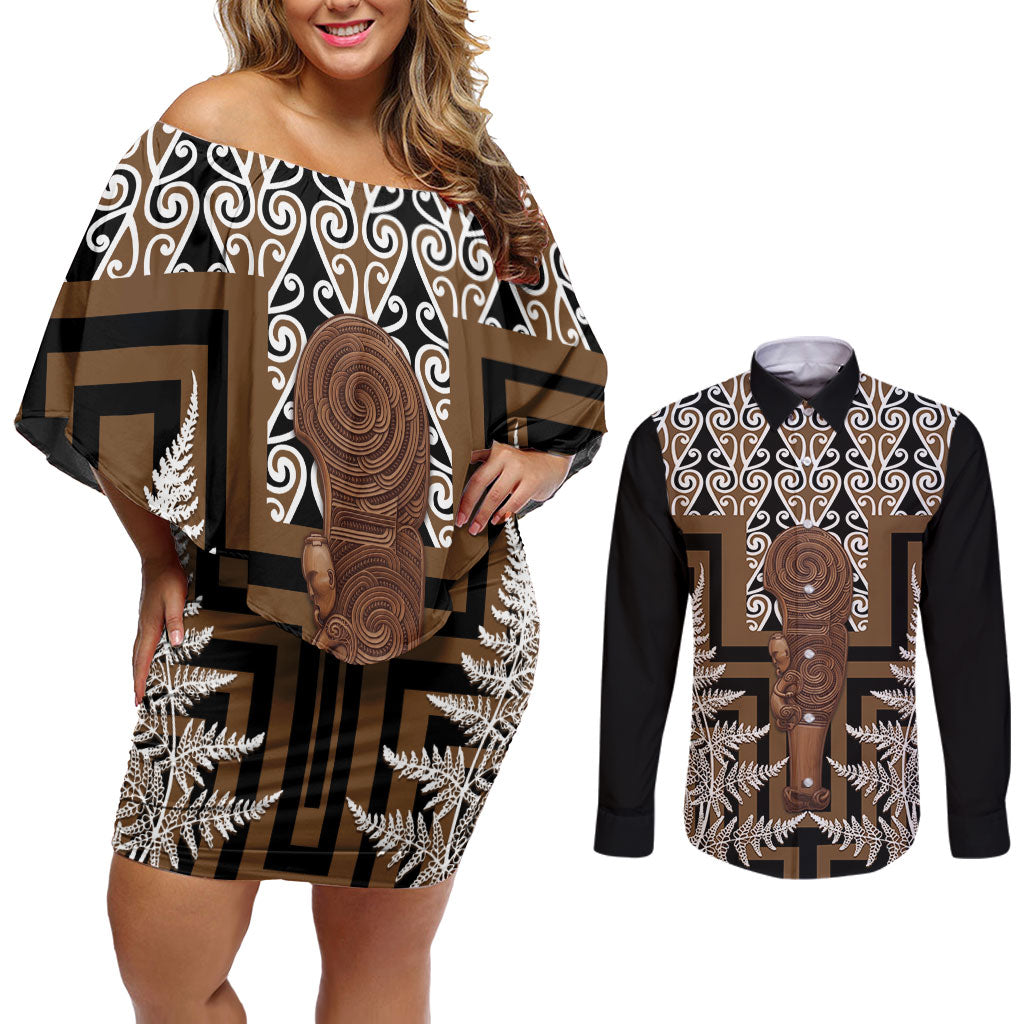 Wahaika New Zealand Couples Matching Off Shoulder Short Dress and Long Sleeve Button Shirt Maori Weapon Kowhaiwhai Fern Poutama Motifs LT14 Brown - Polynesian Pride