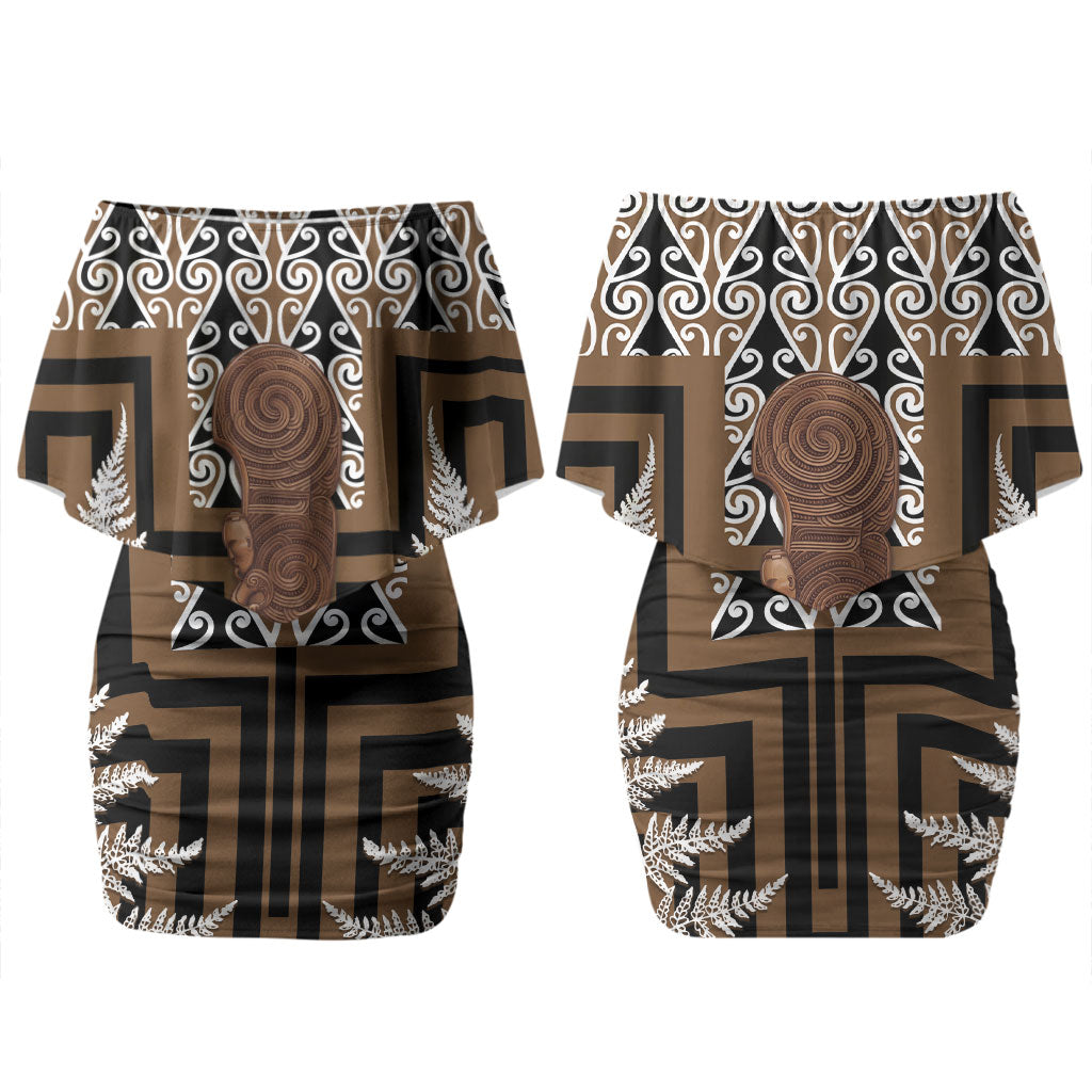 Wahaika New Zealand Couples Matching Off Shoulder Short Dress and Long Sleeve Button Shirt Maori Weapon Kowhaiwhai Fern Poutama Motifs LT14 - Polynesian Pride