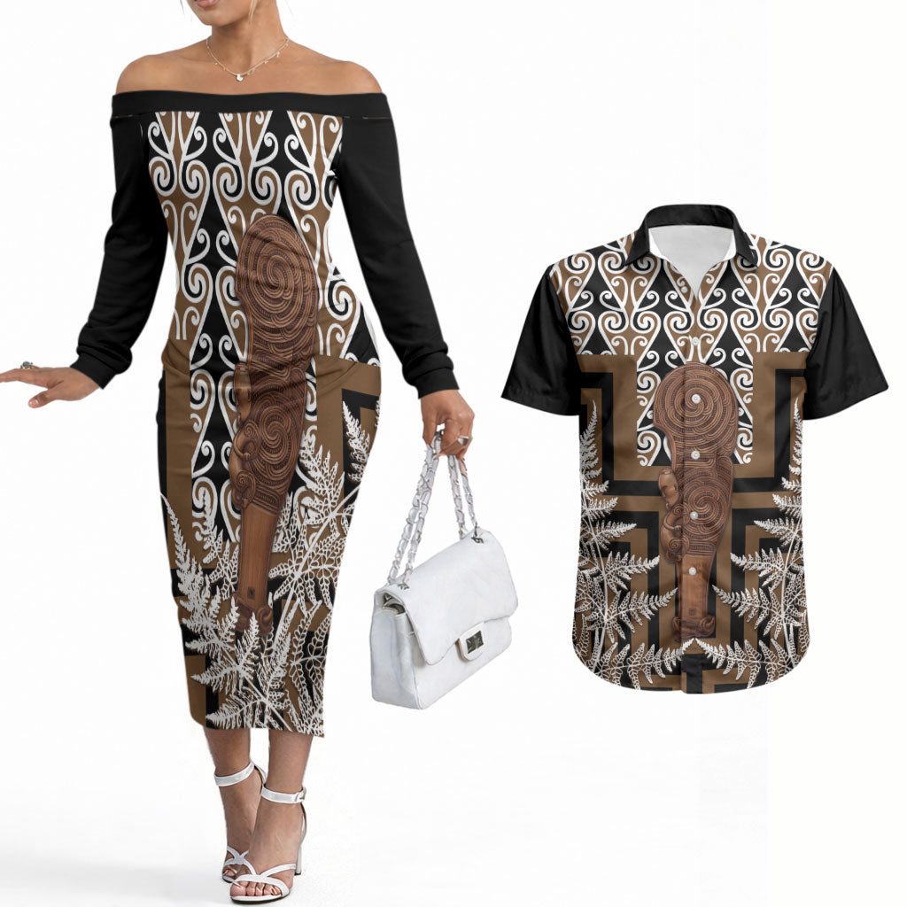 Wahaika New Zealand Couples Matching Off The Shoulder Long Sleeve Dress and Hawaiian Shirt Maori Weapon Kowhaiwhai Fern Poutama Motifs LT14 Brown - Polynesian Pride