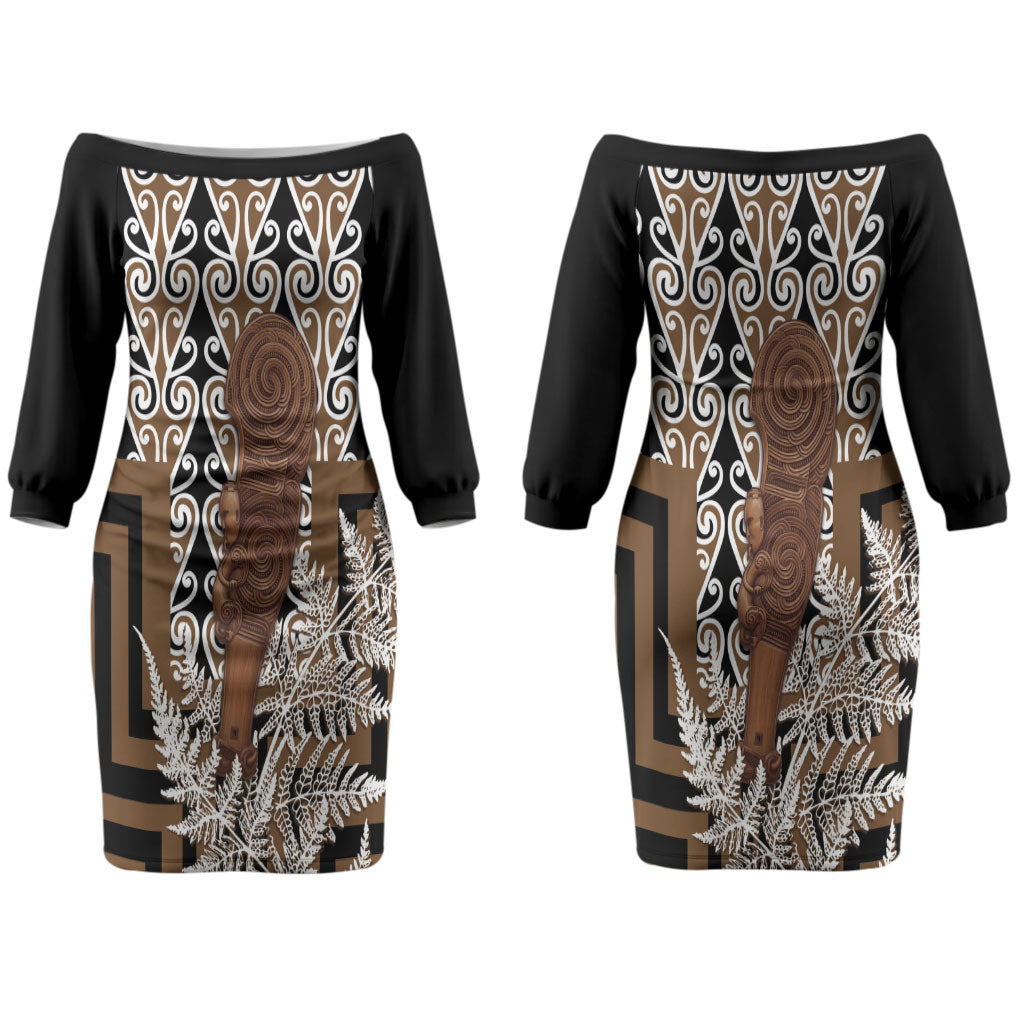 Wahaika New Zealand Couples Matching Off The Shoulder Long Sleeve Dress and Long Sleeve Button Shirt Maori Weapon Kowhaiwhai Fern Poutama Motifs LT14 - Polynesian Pride