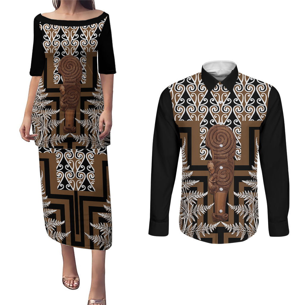 Wahaika New Zealand Couples Matching Puletasi and Long Sleeve Button Shirt Maori Weapon Kowhaiwhai Fern Poutama Motifs LT14 Brown - Polynesian Pride
