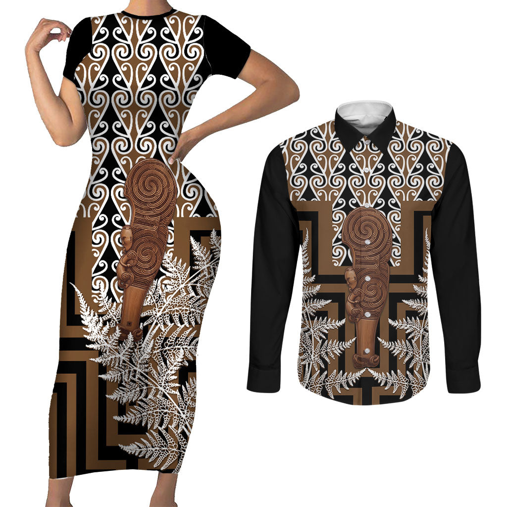 Wahaika New Zealand Couples Matching Short Sleeve Bodycon Dress and Long Sleeve Button Shirt Maori Weapon Kowhaiwhai Fern Poutama Motifs LT14 Brown - Polynesian Pride