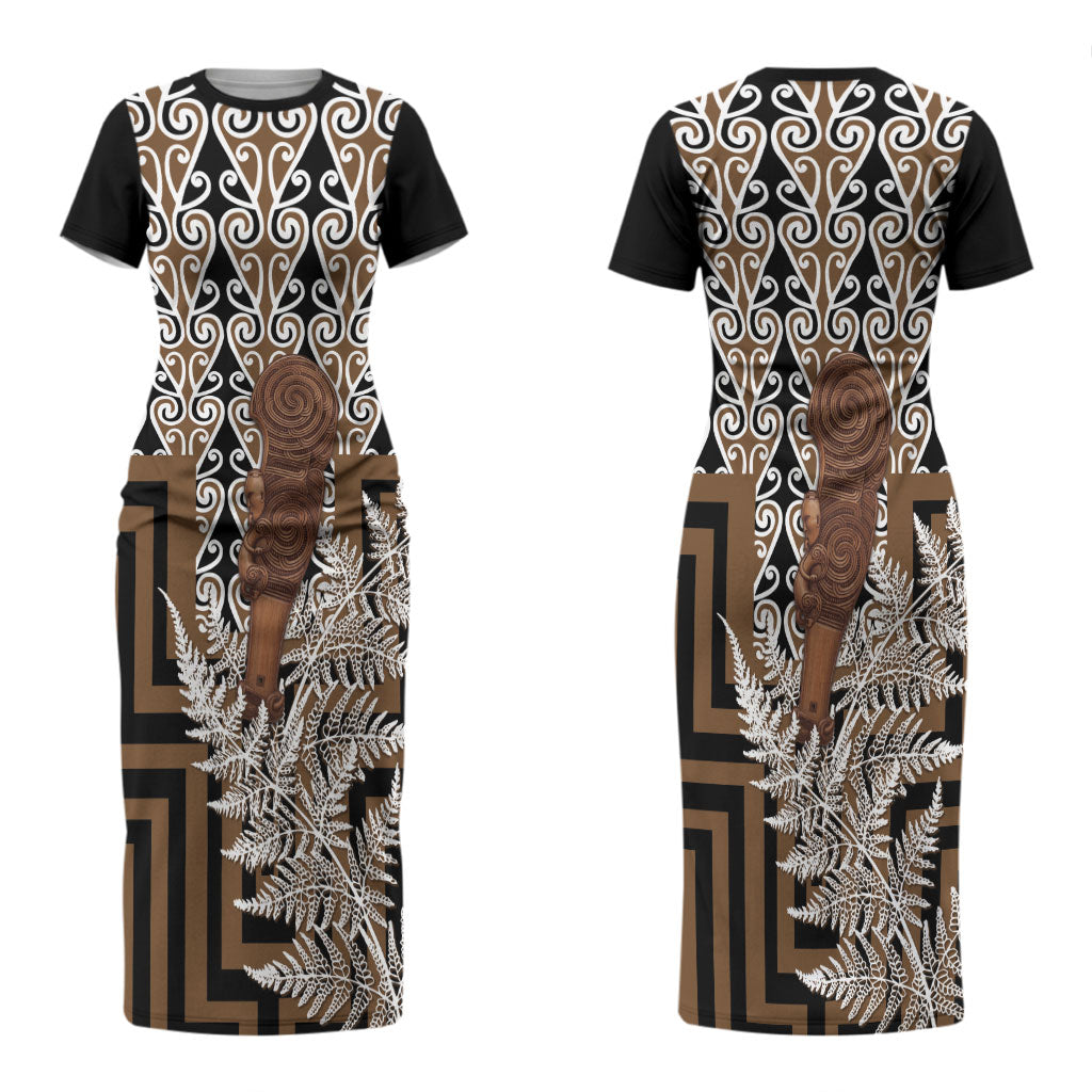 Wahaika New Zealand Couples Matching Short Sleeve Bodycon Dress and Long Sleeve Button Shirt Maori Weapon Kowhaiwhai Fern Poutama Motifs LT14 - Polynesian Pride